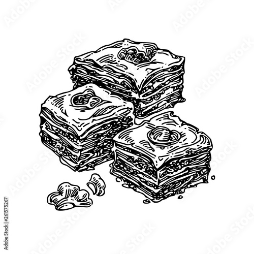 Eastern sweets. Three pieces of Turkish baklava. Sketch. Engraving style. Vector illustration.