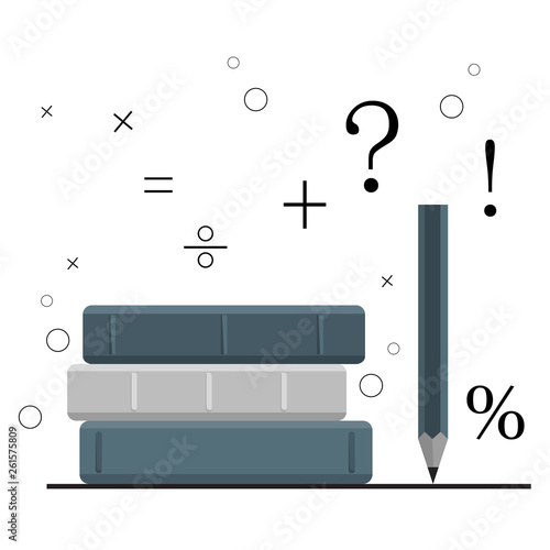 Concept of education, course of study, stack of books, pencil. On a white background with mathematical symbols. Vector image