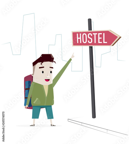 Tourist shows sign Hostel in the street