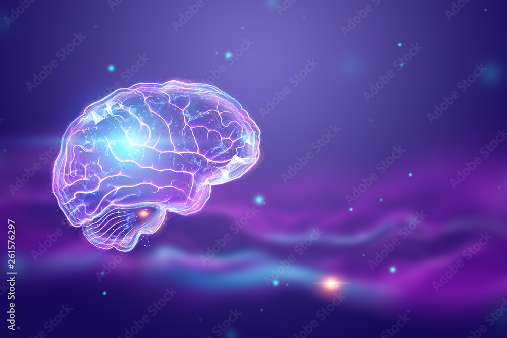 The image of the human brain, a hologram, a dark background. The concept of artificial intelligence, neural networks, robotization, machine learning. 3D illustration, copy space.