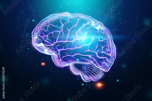The image of the human brain  a hologram  a dark background. The concept of artificial intelligence  neural networks  robotization  machine learning. 3D illustration  copy space.