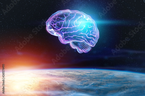 The image of the human brain, a hologram, a dark background. The concept of artificial intelligence, neural networks, robotization, machine learning. copy space.