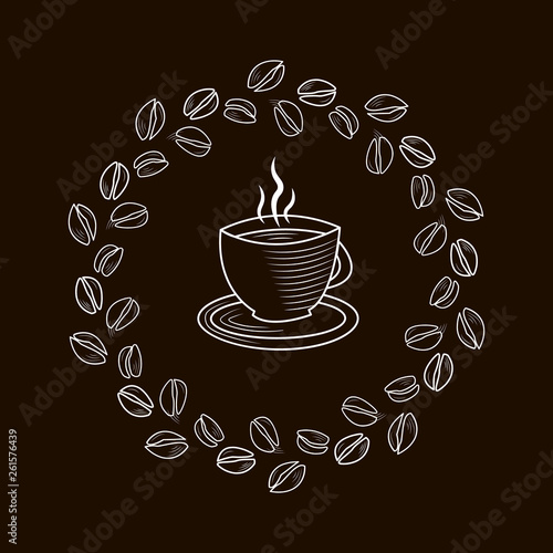 Outline Cup of coffee in a frame of coffee beans