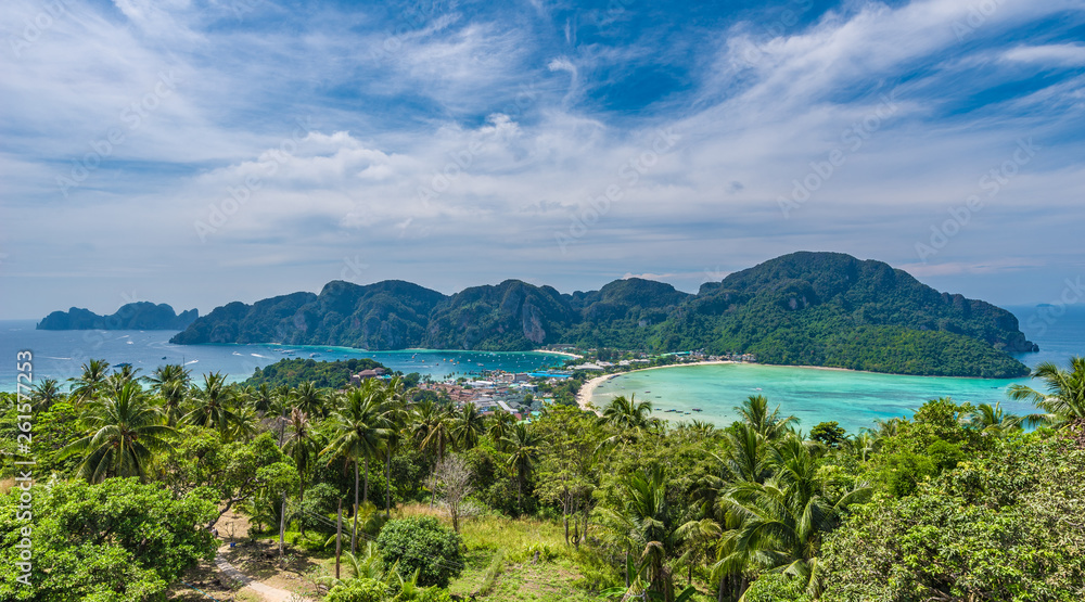 Fototapeta premium Panoramic view over Tonsai Village, Phi Phi Island, Thailand
