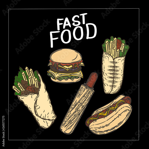 Vector hand drawn set of fast food on black background.