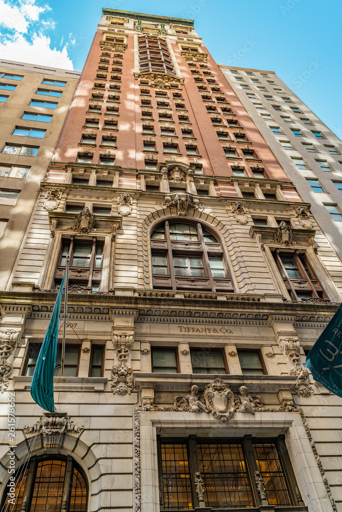 Fragment of Tiffany Co. Building on Wall Street in the Financial District in Manhattan.
