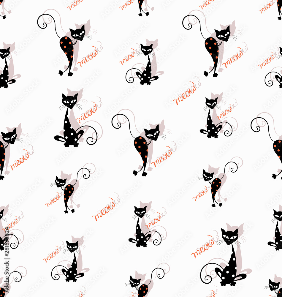 Funny cartoon black cats. Seamless pattern. White background.