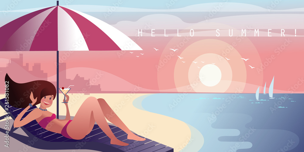 Girl on a lounger with a cocktail relaxes on a city beach. Vector illustration.