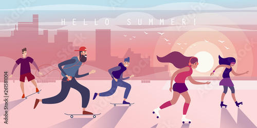 Townsfolk and city ​​dwellers ride skateboards and roller skates summer at sunset. Vector illustration.