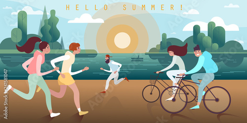 Jogging and cycling young people along the promenade at sunset on a warm summer evening. Vector illustration.
