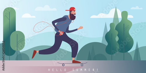 A city dweller in a baseball cap rides a skateboard in a summer park. Vector illustration.