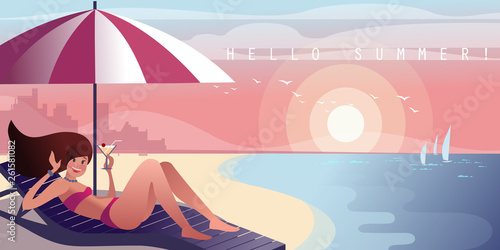 Girl on a lounger with a cocktail relaxes on a city beach. Vector illustration.