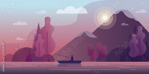 Fisherman in a boat catches fish in the background of the mountains. Vector illustration.