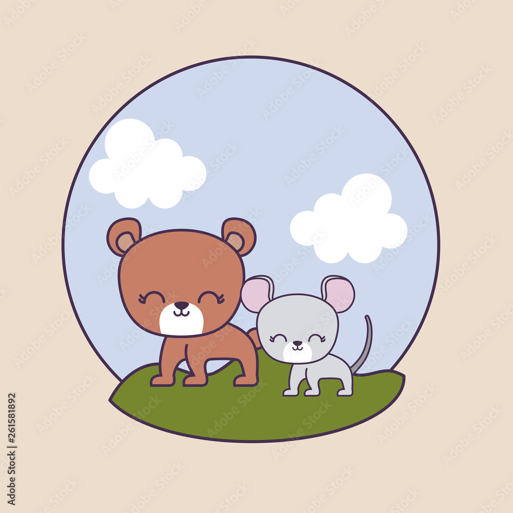 Naklejka premium cute bear with mouse in landscape