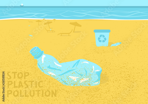 Stop plastic pollution, agitation poster. Ecological concept poster. Plastic crumpled bottles scattered the beach. Sign recycle garbage. People do not throw garbage in the urn. Vector illustration