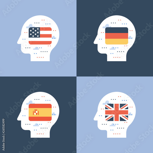 English, Spanish and German flags, learning foreign language, international education, student exchange