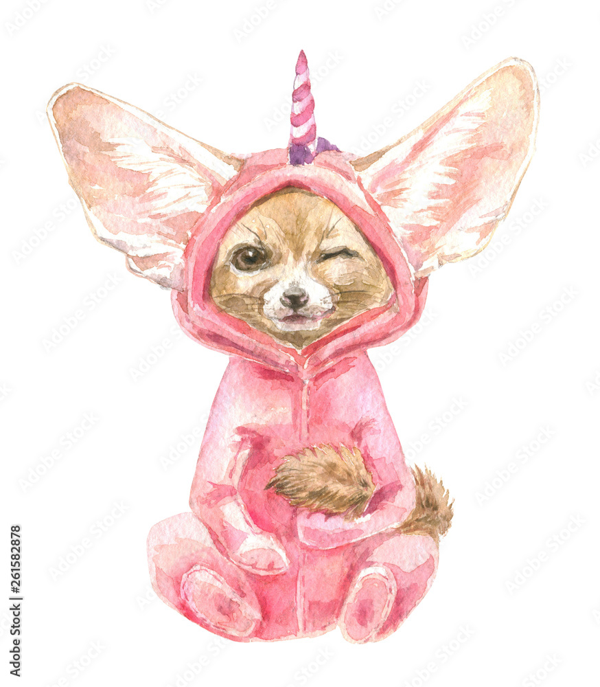 Fennec Fox winks slyly. Cute baby animal in pink unicorn pajamas. Print for children's fabric. Decor for children's parties Stock Illustration | Adobe Stock Fennec Fox winks slyly. Cute baby animal in pink unicorn pajamas. Print for children's fabric. Decor for children's parties Stock Illustration | Adobe Stock