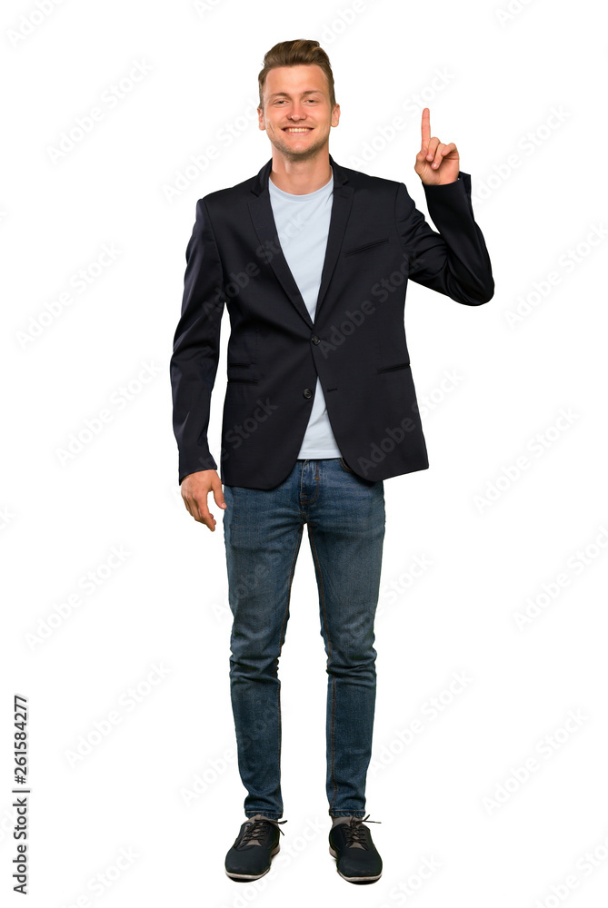 Blonde handsome man showing and lifting a finger in sign of the best Blonde handsome man showing and lifting a finger in sign of the best