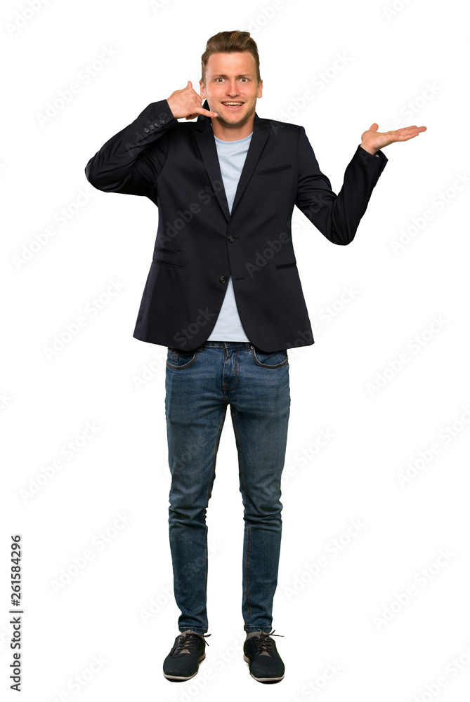 Blonde handsome man making phone gesture and doubting Blonde handsome man making phone gesture and doubting