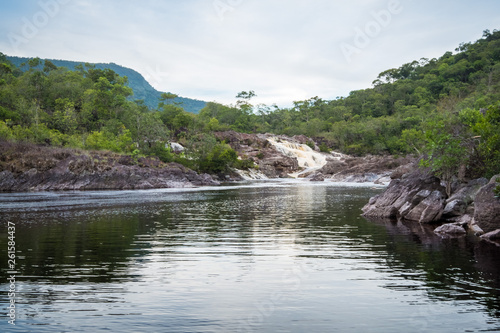 Amazonia river with a falls in the background. Yutaje, Venzuela