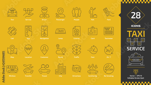 Taxi cab car service editable stroke line icon set on a yellow background with motor vehicles, driver, passenger on travel, people and city traffic thin outline pictogram.
