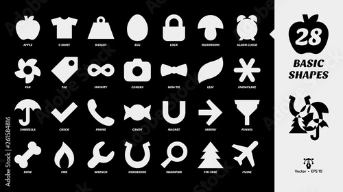 Basic white glyph shapes icon set on a black background with simple fill silhouette fan, tag, infinity, camera, bow tie, leaf, snowflake, umbrella, check, phone, candy, magnet, arrow and more symbols.