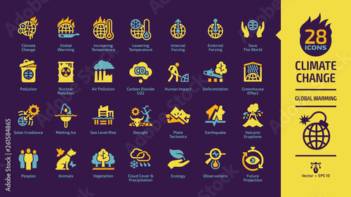 Climate change or global warming yellow glyph icon set on a dark violet background with world heat temperature, globe greenhouse effect, nuclear pollution, human impact and more save sign.
