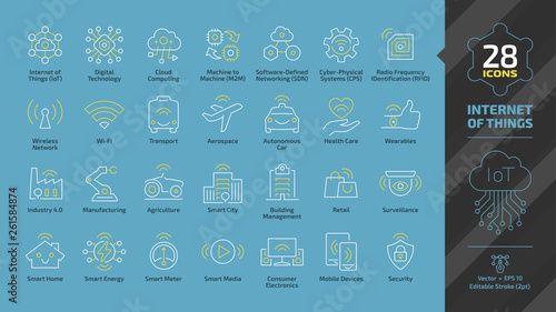 Internet of things editable stroke outline icon set on a blue background with wireless network cloud computing digital IoT technology, smart car, home, city, industry and agriculture future sign.