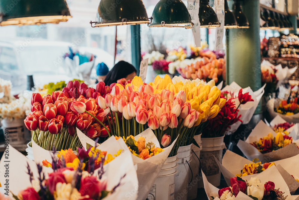 Colorful Tulip Flowers in an open air city market shopping district
