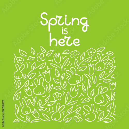 Spring is here . Doodle hand drawing. Cute bunnies  tulips  twigs with leaves. Background.Vector illustration