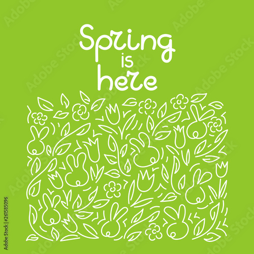 Spring is here . Doodle hand drawing. Cute bunnies, tulips, twigs with leaves. Background.Vector illustration