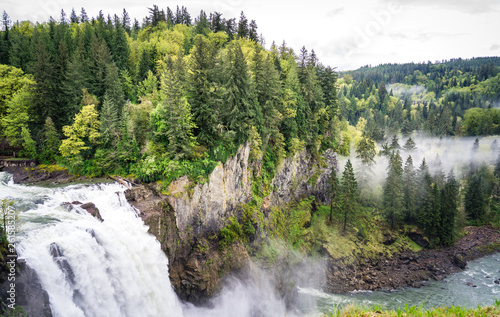 Waterfall and Foggy Trees in Beautiful Northwest US Landscape