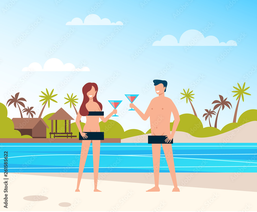 Two happy smiling people man and woman couple characters nudist sunbathing and relax at beach. Summer time and open mind concept. Vector flat cartoon graphic design illustration
