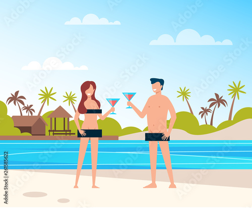 Two happy smiling people man and woman couple characters nudist sunbathing and relax at beach. Summer time and open mind concept. Vector flat cartoon graphic design illustration