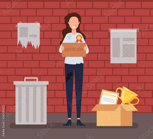 Sad unemployed homeless poor jobless woman student professional worker trying to find job. Social economic education issue concept. Vector flat cartoon graphic design illustration