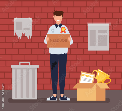 Sad unemployed homeless poor jobless man student professional worker trying to find job. Social economic education issue concept. Vector flat cartoon graphic design illustration