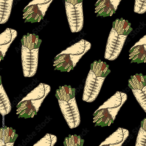 Seamless pattern of shawarma on black background.