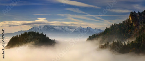 Tatra Mountains foggy view from Sokolica, Pieniny.
