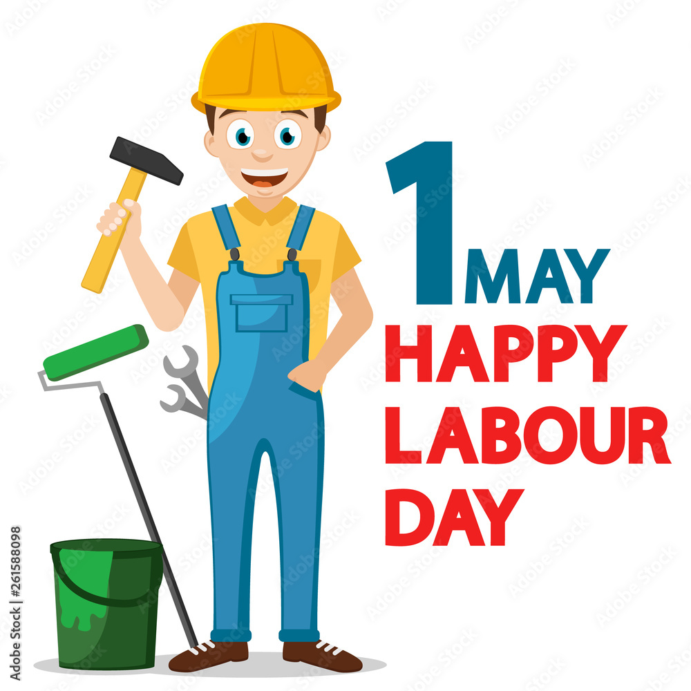 Construction worker in helmet and with tools on white background. Labor day.