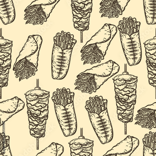 Seamless pattern of shawarma in the style of engraving.