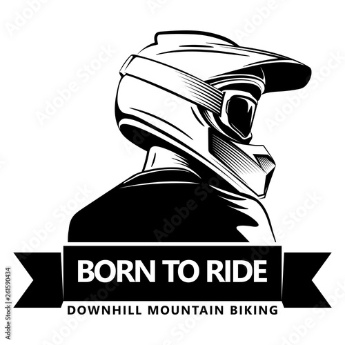 Back shot of man with full face motocross helmet. Extreme sport logo template. Place for text. Downhill Mountain Biking. 