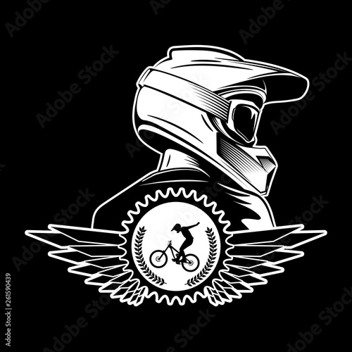 Extreme sport logo design. Motocross Downhill Mountain Biking logo template. Side view of man with integral helmet.