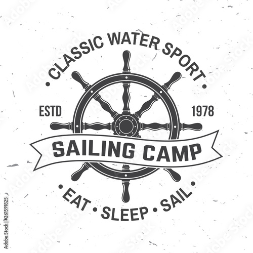 Yacht club badge. Vector. Concept for shirt, print, stamp or tee. Vintage typography design with black sea anchor , steering hand wheel ship and rope knot silhouette. Ocean adventure.