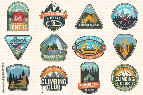 Set of Rock Climbing club and summer camp badges. Concept for shirt or print, stamp, patch or tee. Vintage typography design with camping tent, trailer, camper, climber, carabiner and mountains