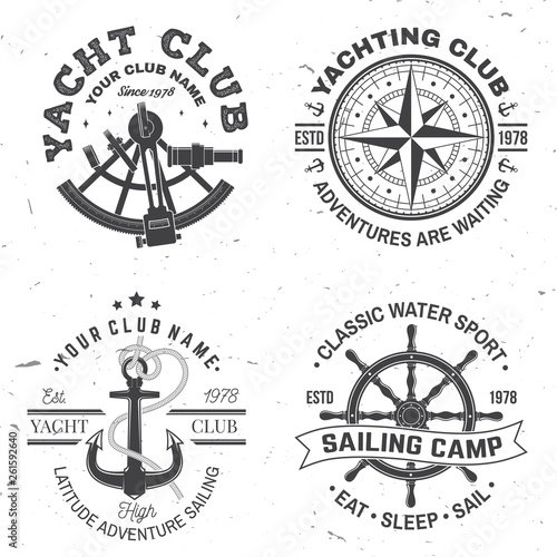 Set of summer sailing camp badge. Vector. Concept for shirt, stamp or tee. Vintage typography design with black sea anchors, hand wheel, compass and sextant silhouette. Best Sporting Activity