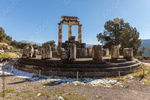 Ruins of Athena pronaia temple in Delphi with snow © smoxx