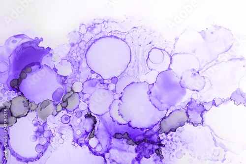 Violet alcohol ink texture with abstract washes and paint stains on the white paper background. 