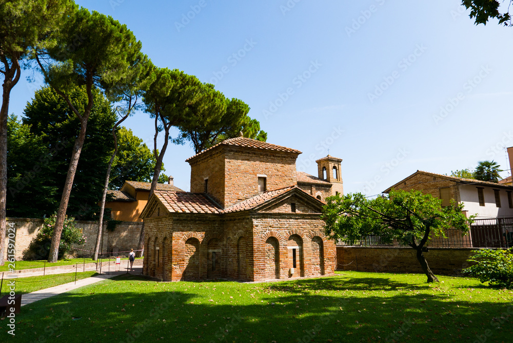 Mausoleum of Galla Placidia, a chapel embellished with colorful mosaics in Ravenna. It has been designated as UNESCO World Heritage.
