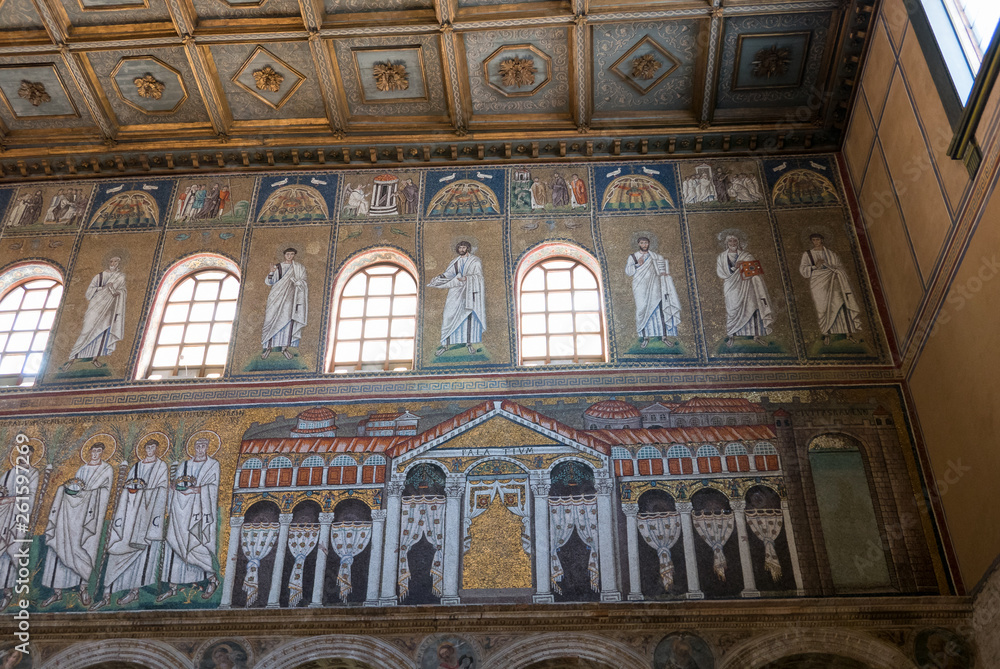 Mosaics on the right side wall of the nave of the Basilica of Sant Apollinare Nuovo in Ravenna. Italy.