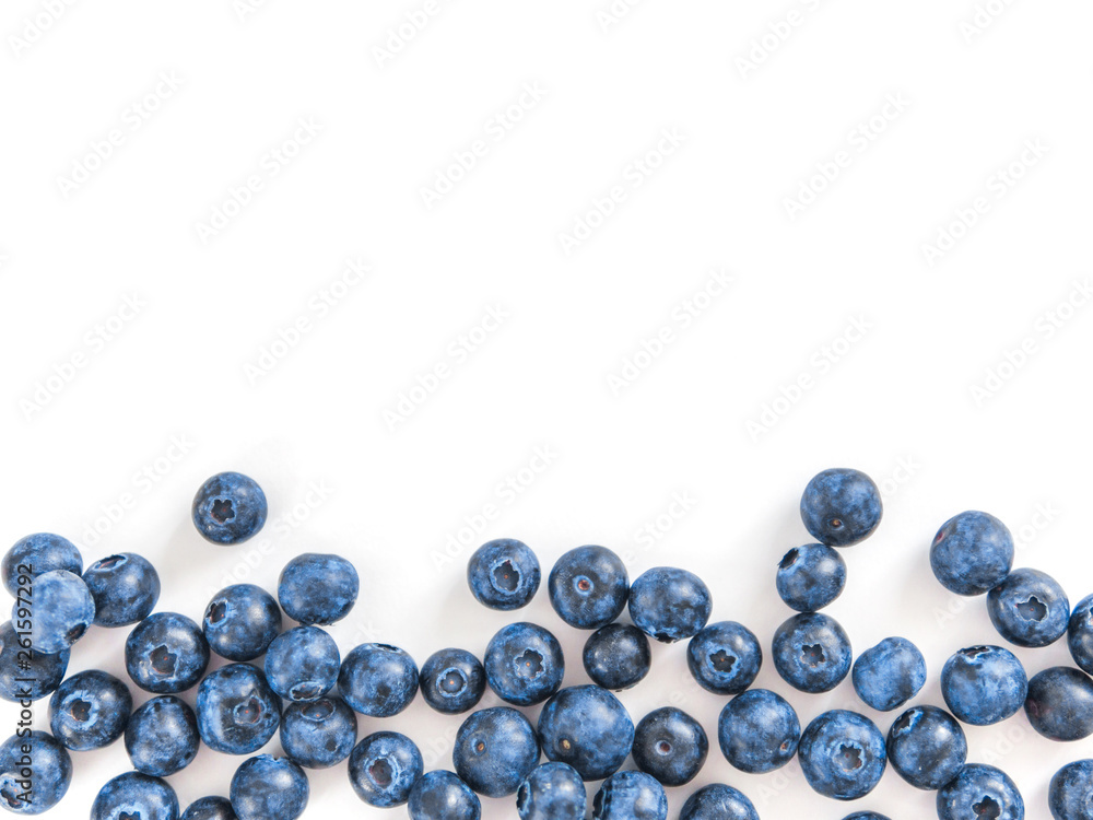 Creative layout with fresh ripe berries. Blueberry isolated on white background with copy space. Can use for your design, promo, social media. Top view. Creative layout with fresh ripe berries. Blueberry isolated on white background with copy space. Can use for your design, promo, social media. Top view.